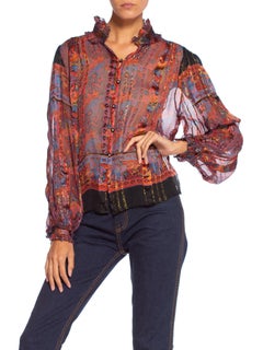 1970'S NEIMAN MARCUS Red Paisley Silk Lurex Chiffon Sheer Blouse