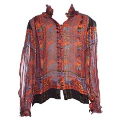 1970'S NEIMAN MARCUS Red Paisley Silk Lurex Chiffon Sheer Blouse