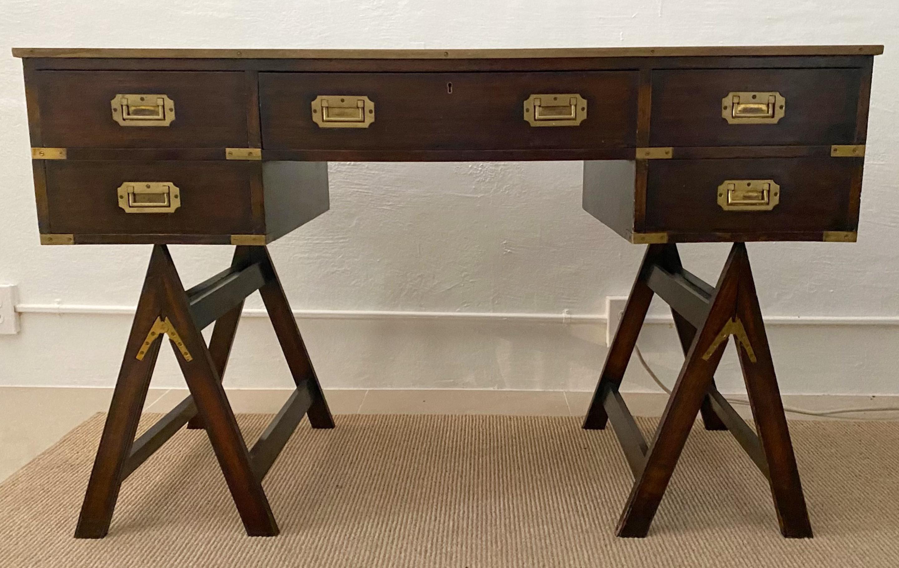 American 1970s Sheik Brass, Mahogany & Mulberry Leather Campaign Style Desk For Sale
