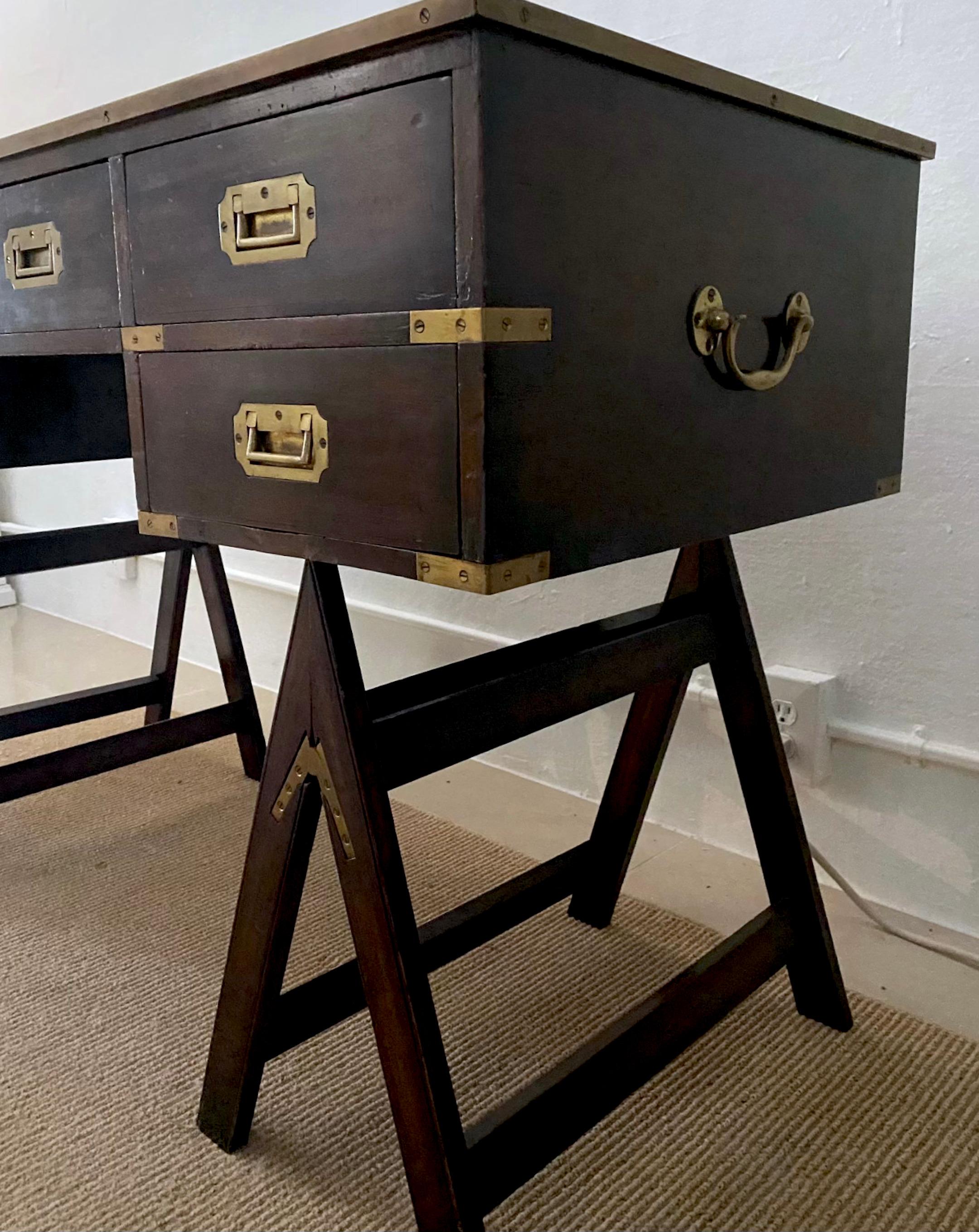 1970s Sheik Brass, Mahogany & Mulberry Leather Campaign Style Desk For Sale 2