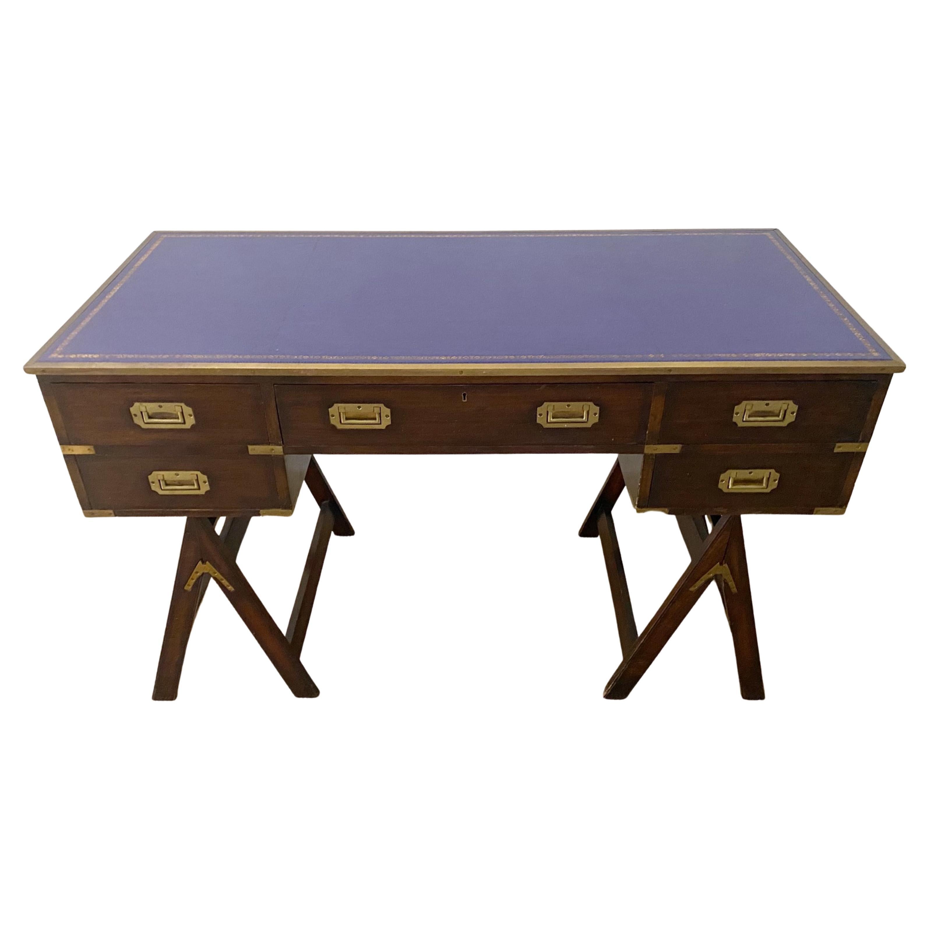 1970s Sheik Brass, Mahogany & Mulberry Leather Campaign Style Desk For Sale