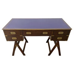 1970s Sheik Brass, Mahogany & Mulberry Leather Campaign Style Desk