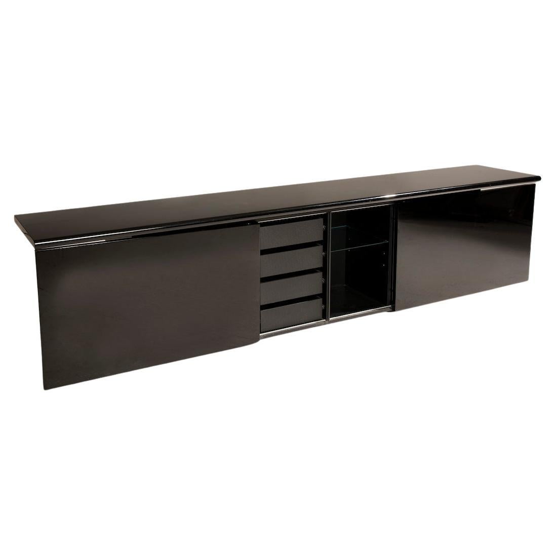 Mid-Century moderno Credenza Sheraton Acerbis laccata nera anni '70 L 282 cm