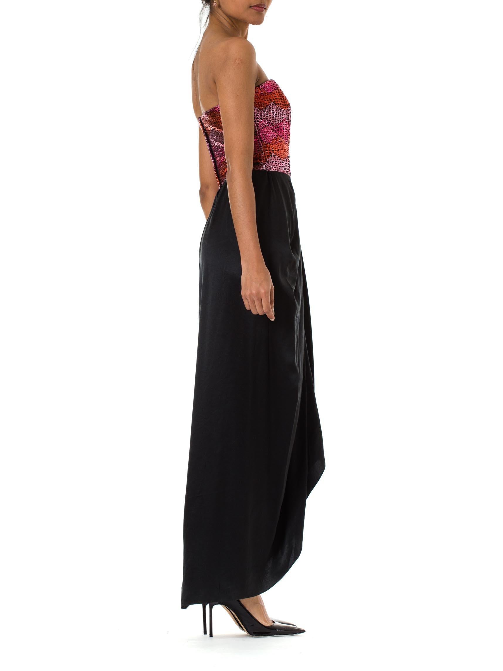 Women's 1980S Black & Pink Silk Lurex Satin Lamé Jacquard Strapless Bodice Gown For Sale