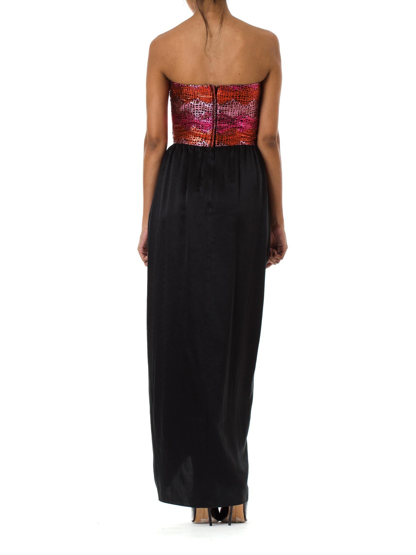 1980S Black & Pink Silk Lurex Satin Lamé Jacquard Strapless Bodice Gown For Sale 2