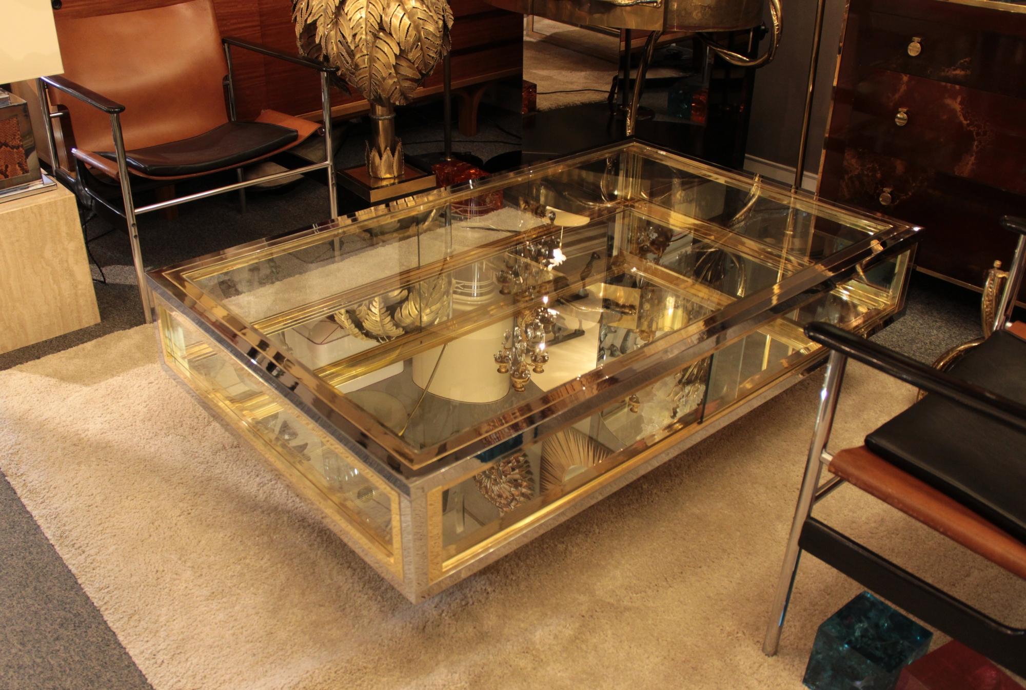 Italian 1970s Showcase Coffee Table in Brass and Chrome