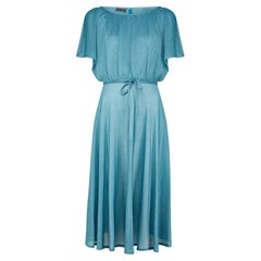 1970s Shubette Teal Angel-Sleeve Knitted Jersey Dress