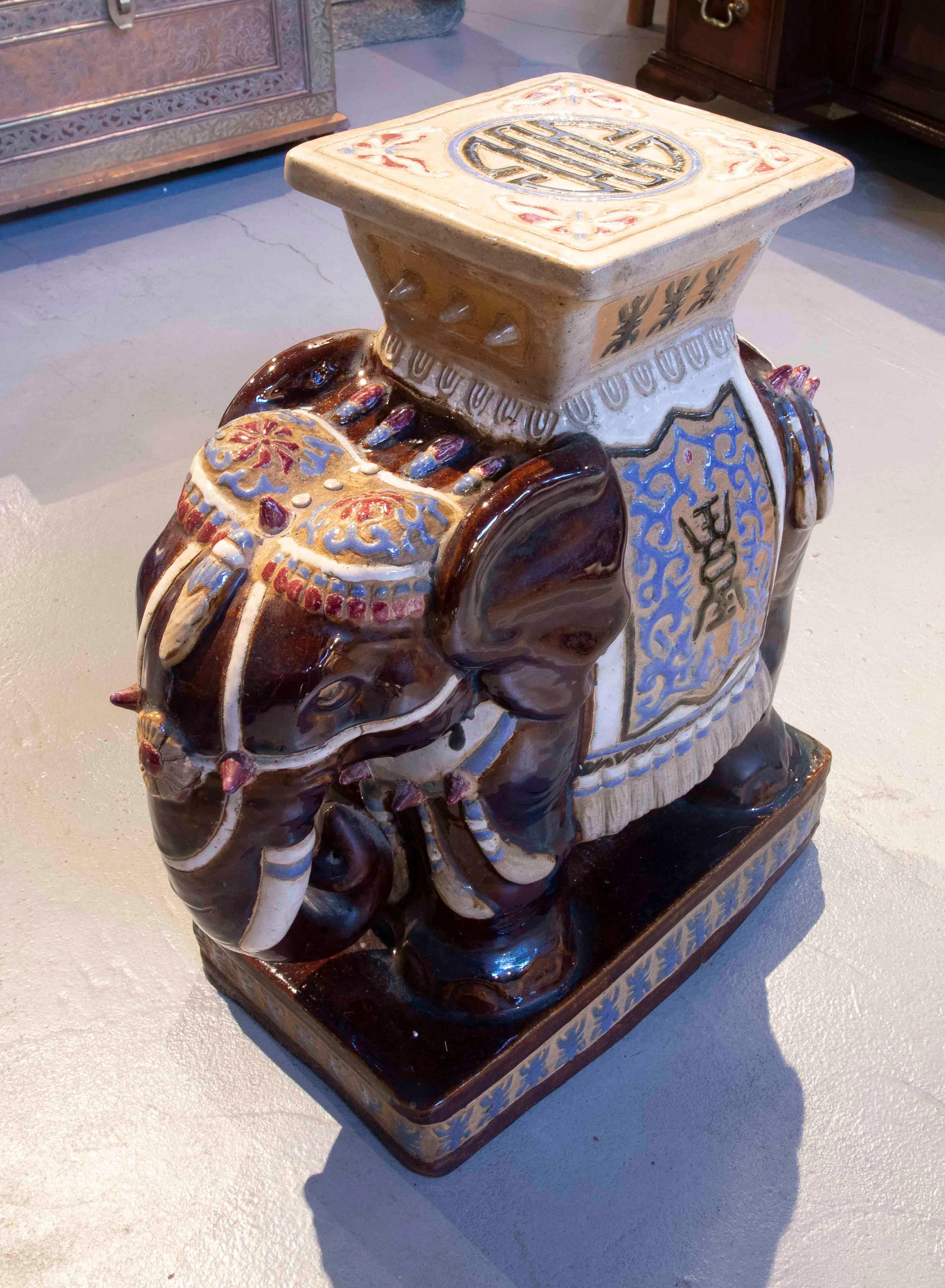 European 1970s Side Table in the Shape of a Glazed Ceramic Elephant 