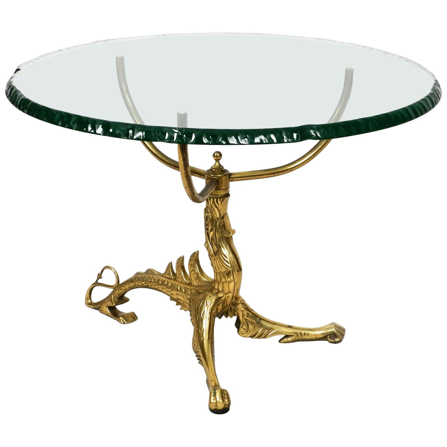 1970s Side Table with Dragon Frame Made of Brass and Heavy Glass Top Plate