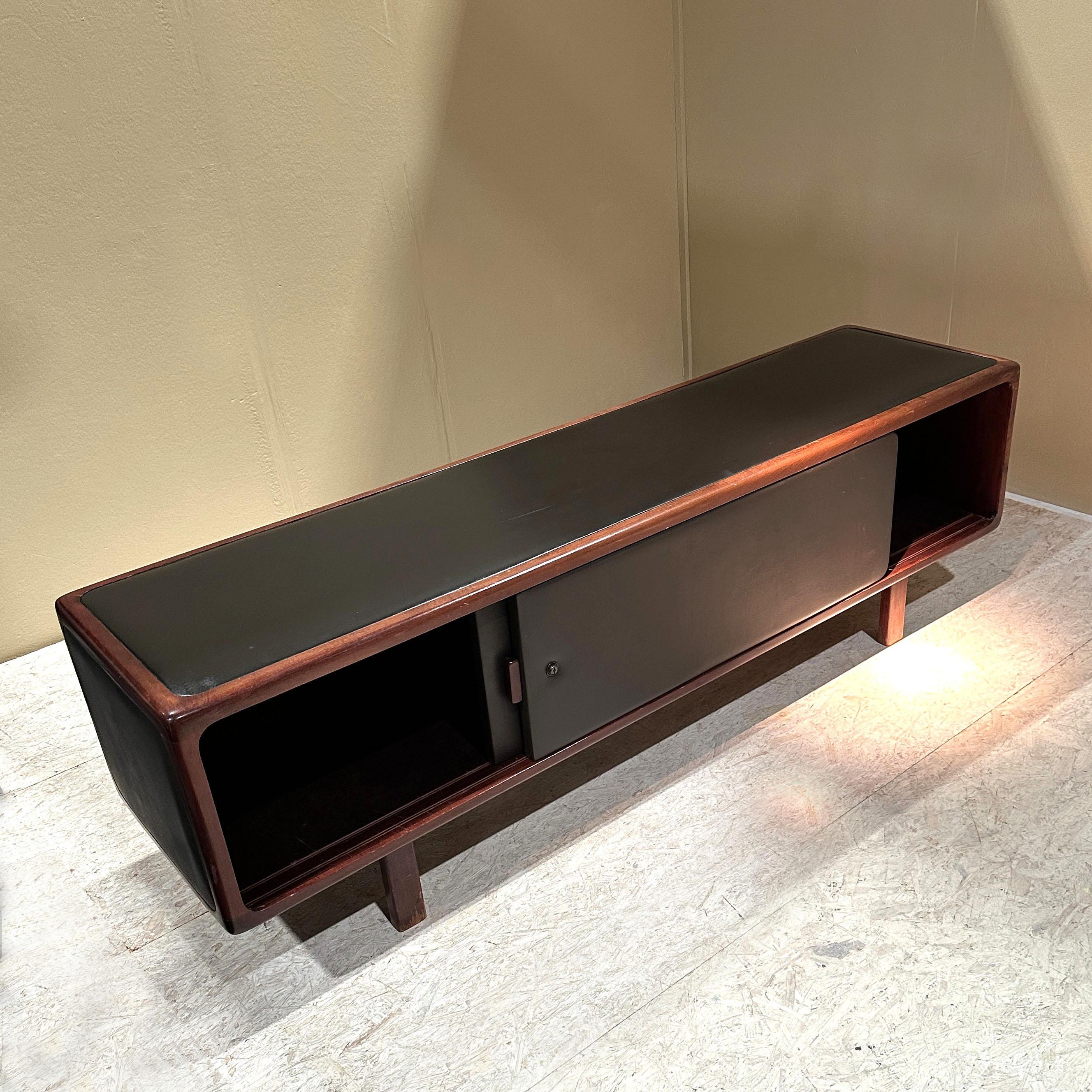 Fine XX secolo Credenza anni '70 in pelle marrone cioccolato e Wood in vendita