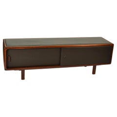 Credenza anni '70 in pelle marrone cioccolato e Wood