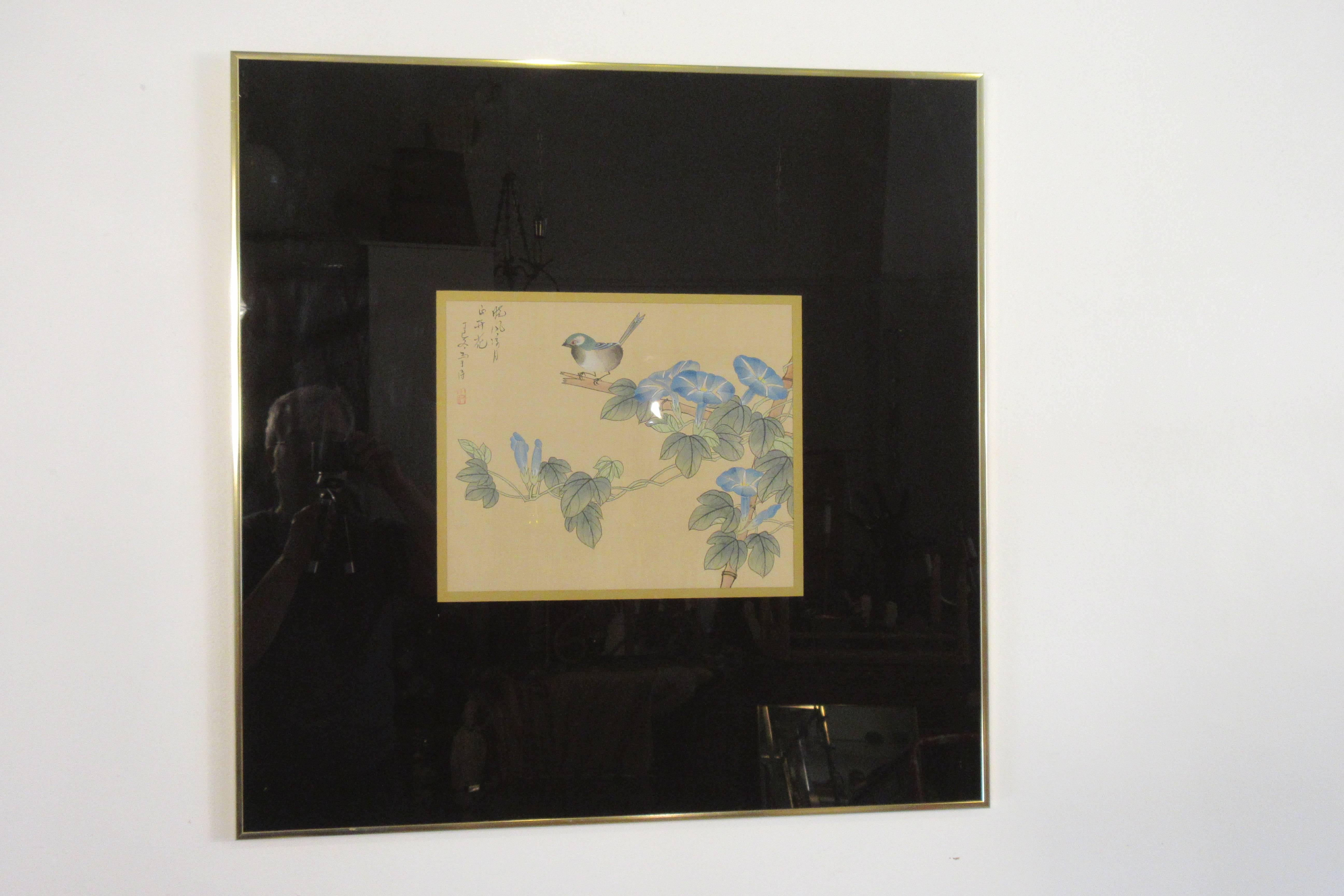 peinture asiatique signée des années 1970, oiseau et fleurs.