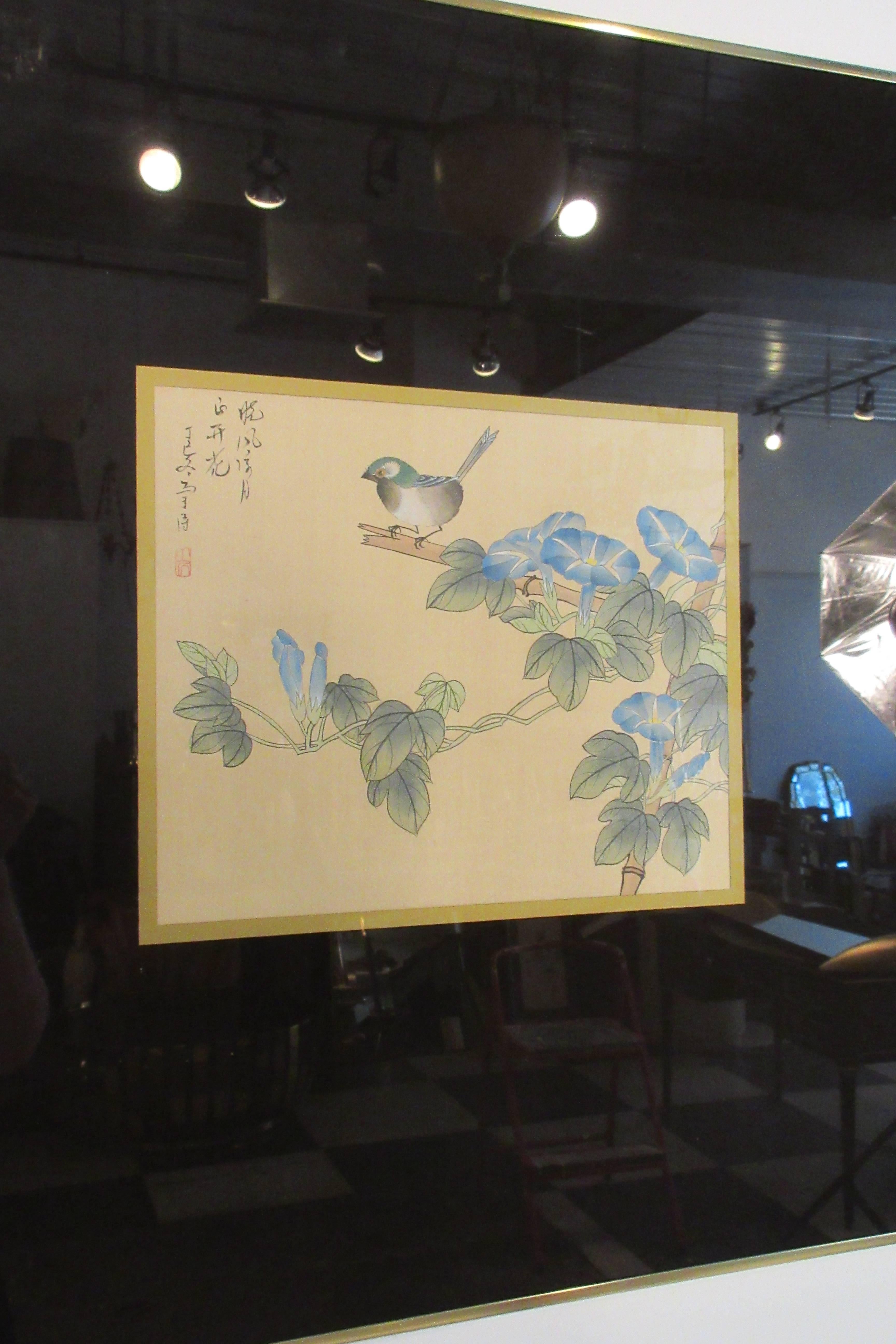 Peinture asiatique signée des années 1970 - Oiseaux et fleurs Bon état - En vente à Tarrytown, NY