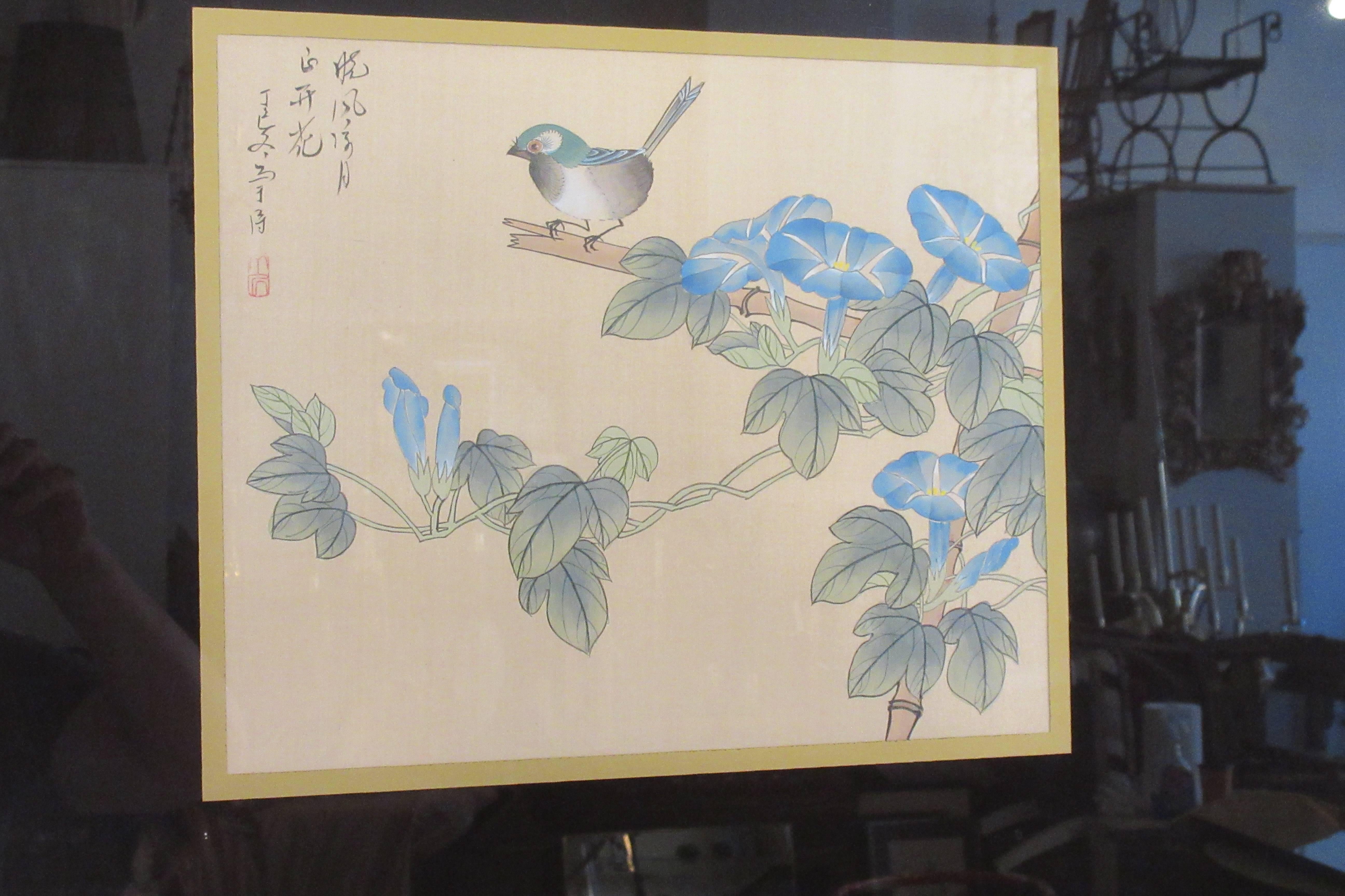 Late 20th Century 1970s Signed Asian Painting Bird and Flowers For Sale
