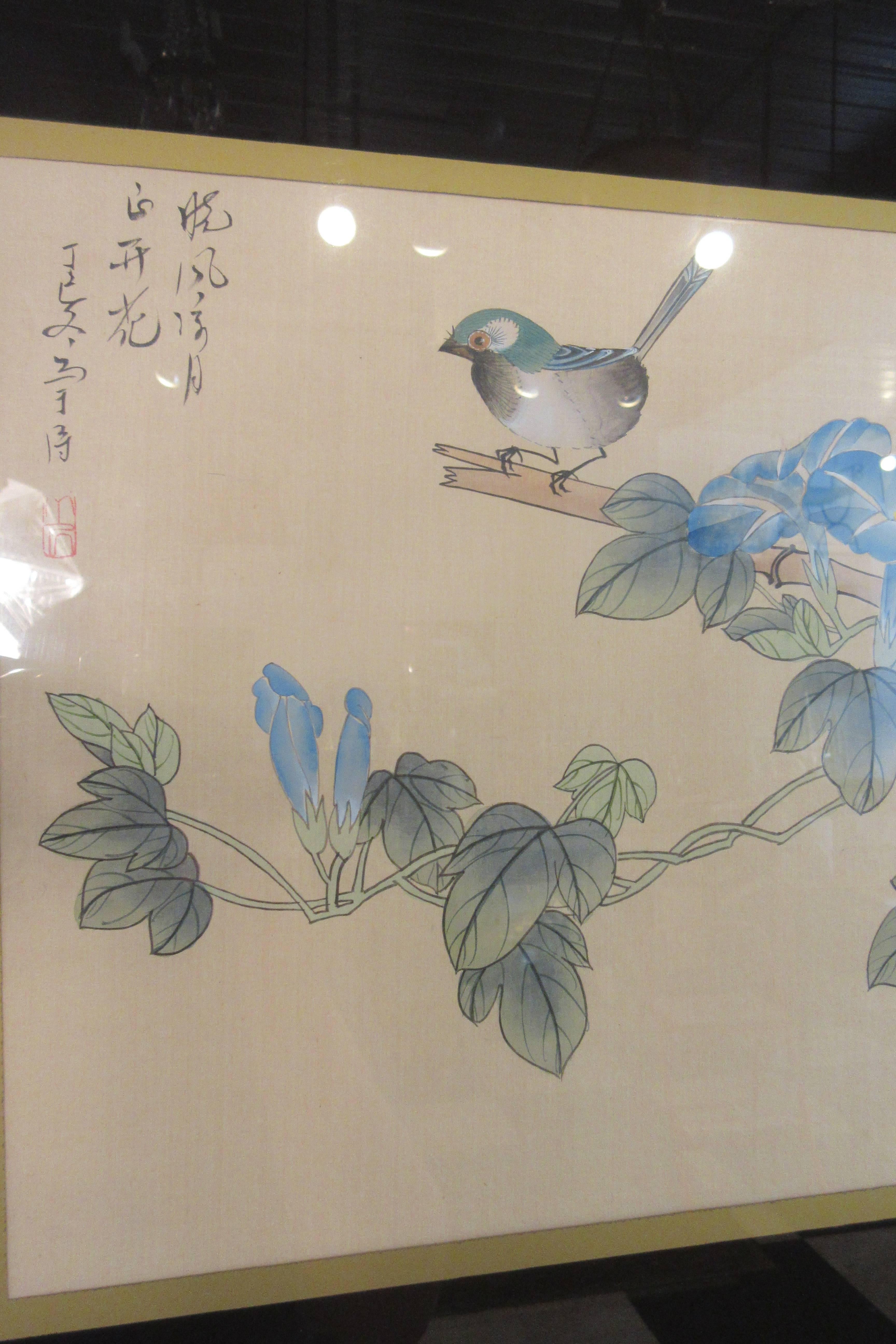Peinture asiatique signée des années 1970 - Oiseaux et fleurs en vente 1