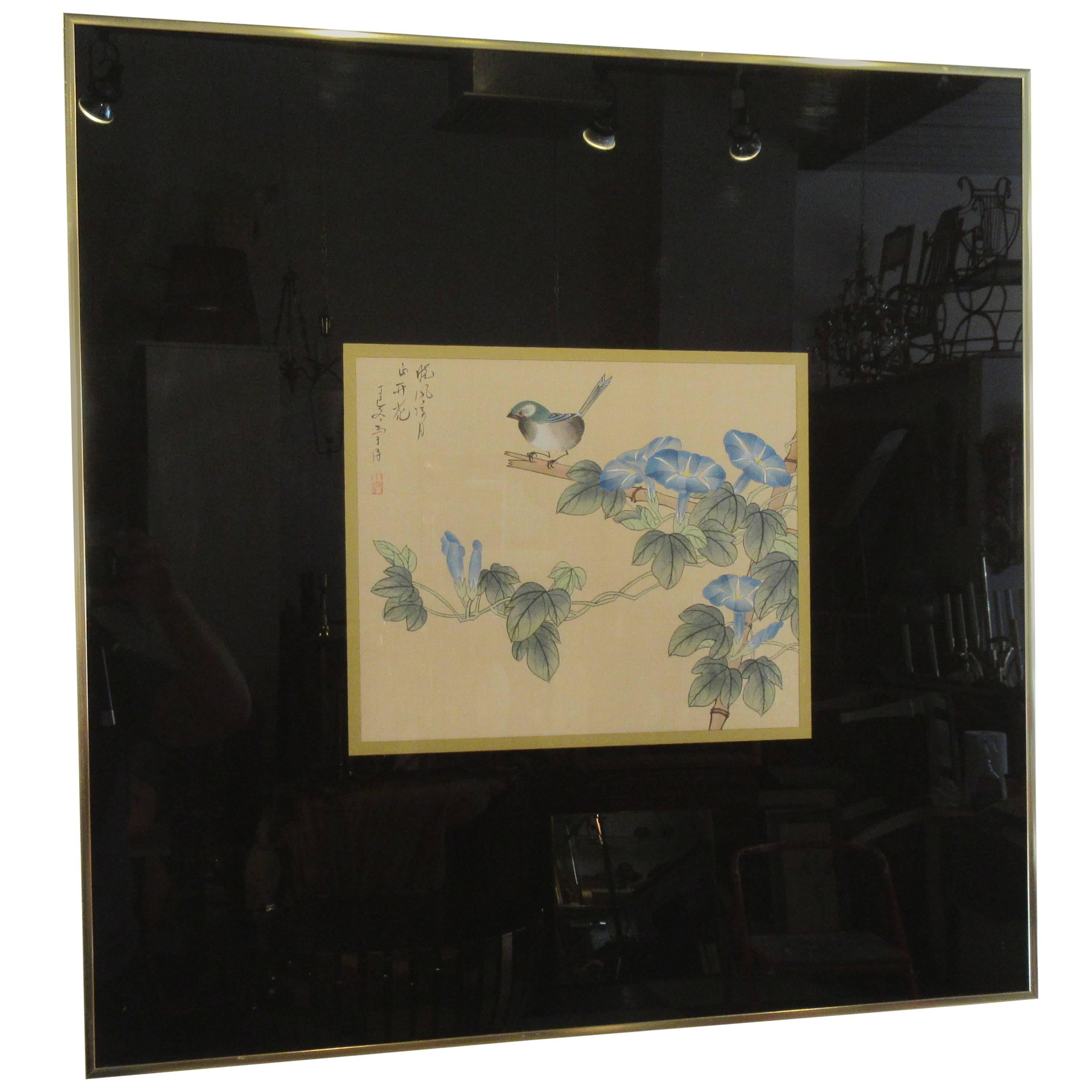 Peinture asiatique signée des années 1970 - Oiseaux et fleurs
