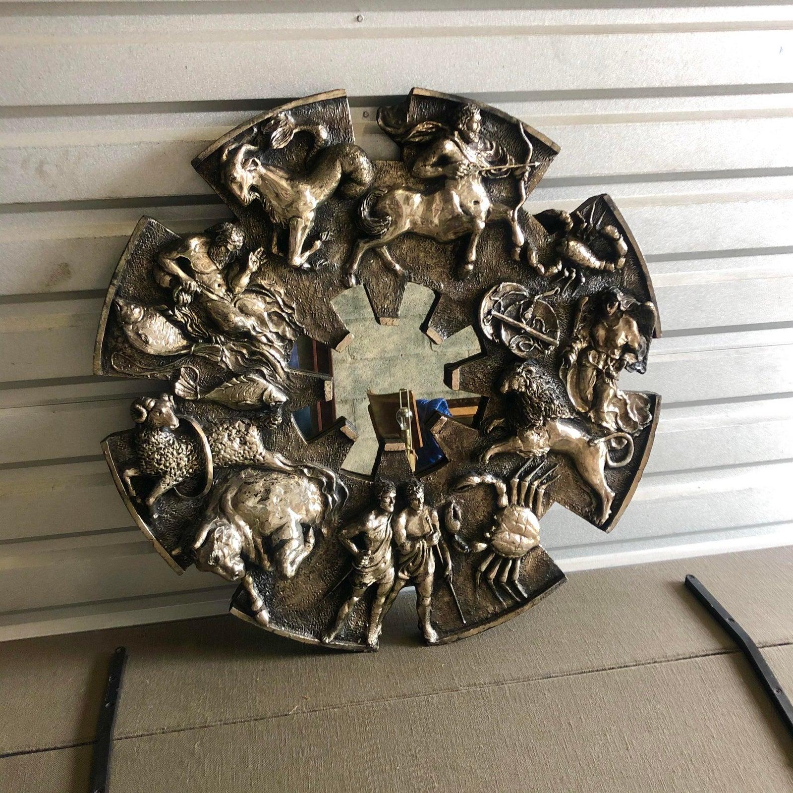 Mint condition Finesse Originals Brutalist Zodiac mirror. The finish is in a rare bright silver. Signed.