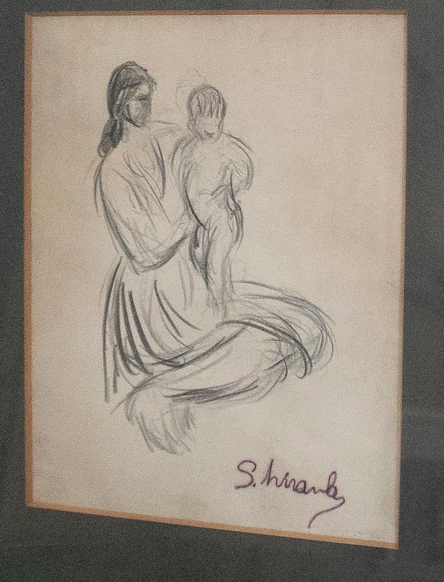 dessin au crayon des années 1970, signé et encadré, femme avec enfant

Mesures avec cadre : 33 x 26 x 2cm.
 