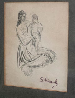 Disegno a matita di donna con bambino firmato e incorniciato degli anni '70