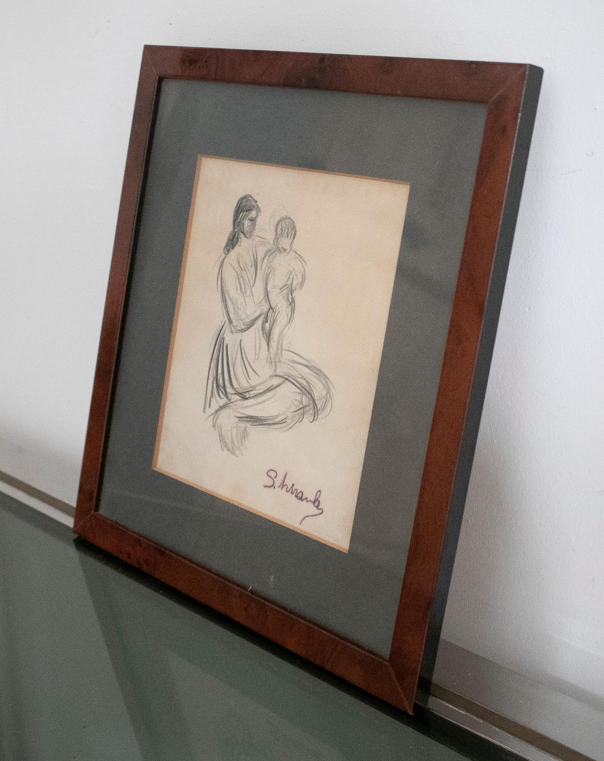 1970s Signed & Framed Woman w/ Child Pencil Drawing  In Good Condition For Sale In Marbella, ES