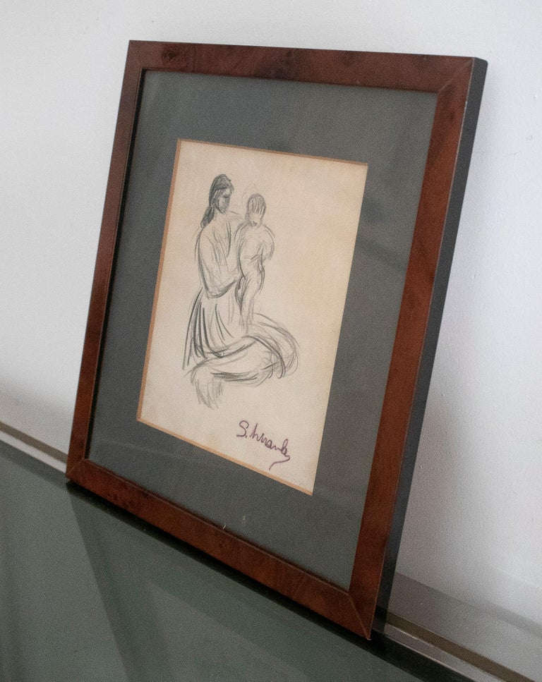 20th Century 1970s Signed & Framed Woman w/ Child Pencil Drawing  For Sale