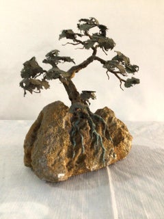 1970s Signed Metal Bonsai Tree Sculpture On Lava Rock