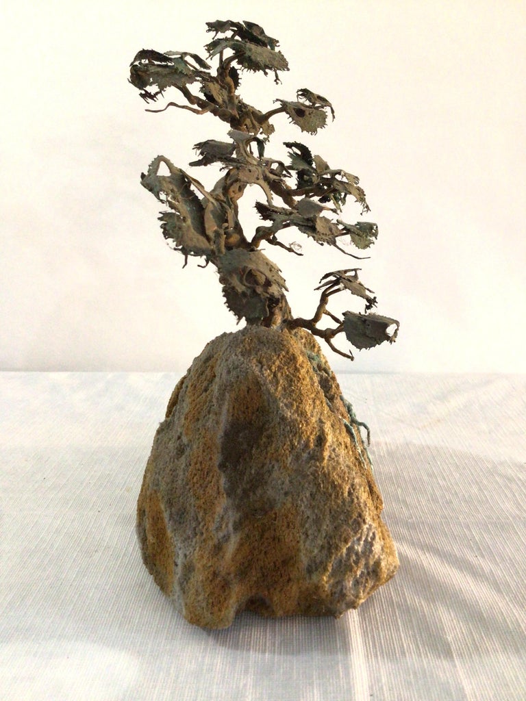 1970s Signed Metal Bonsai Tree Sculpture On Lava Rock For Sale at 1stDibs