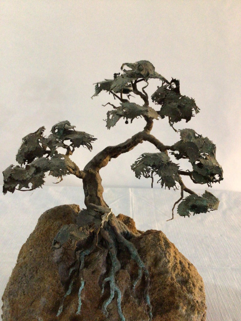 1970s Signed Metal Bonsai Tree Sculpture On Lava Rock For Sale at 1stDibs