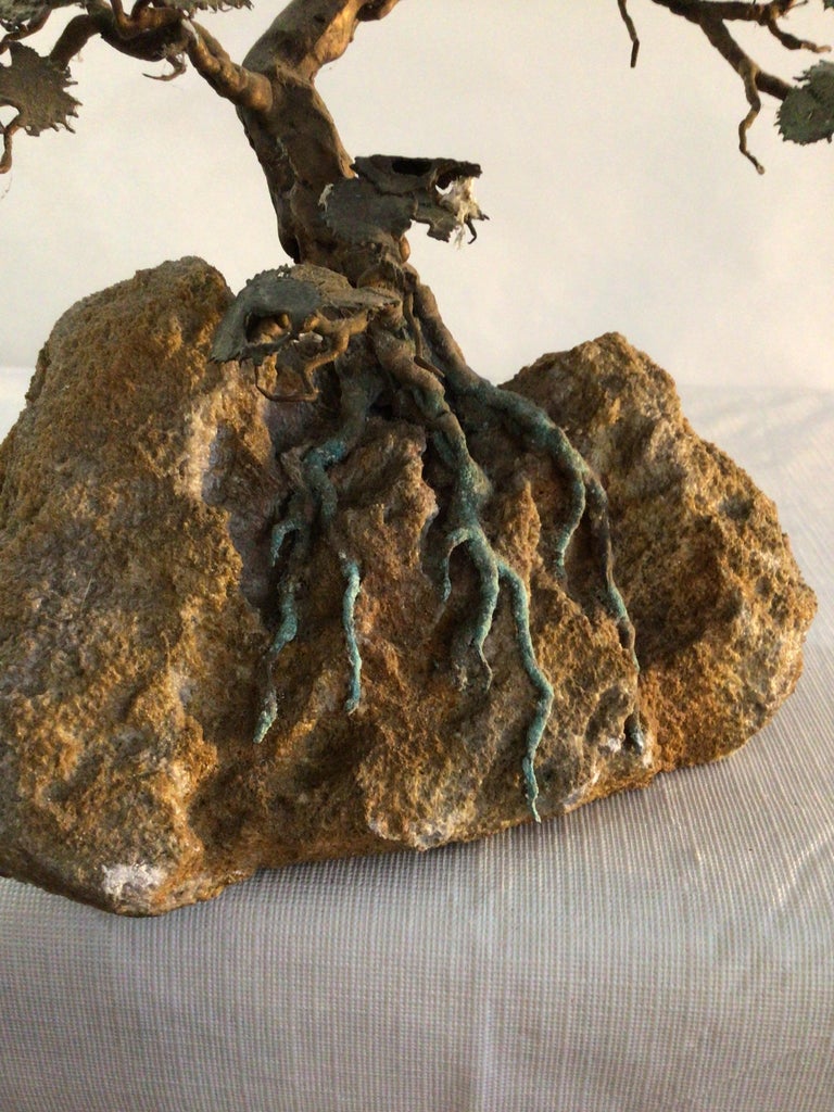 1970s Signed Metal Bonsai Tree Sculpture On Lava Rock For Sale at 1stDibs