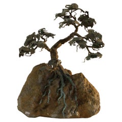 1970s Signed Metal Bonsai Tree Sculpture On Lava Rock