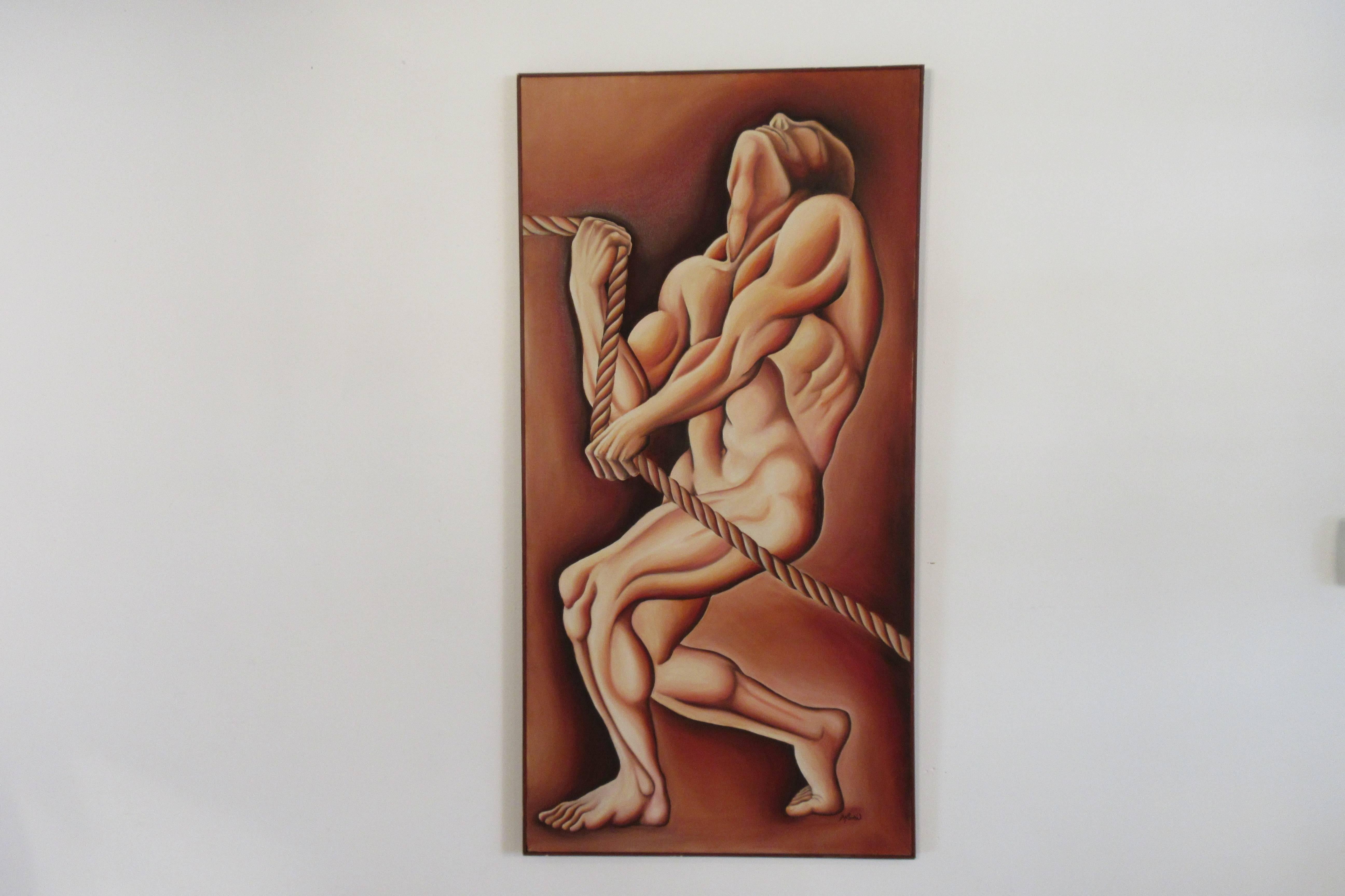 1970s oil on canvas man pulling rope.