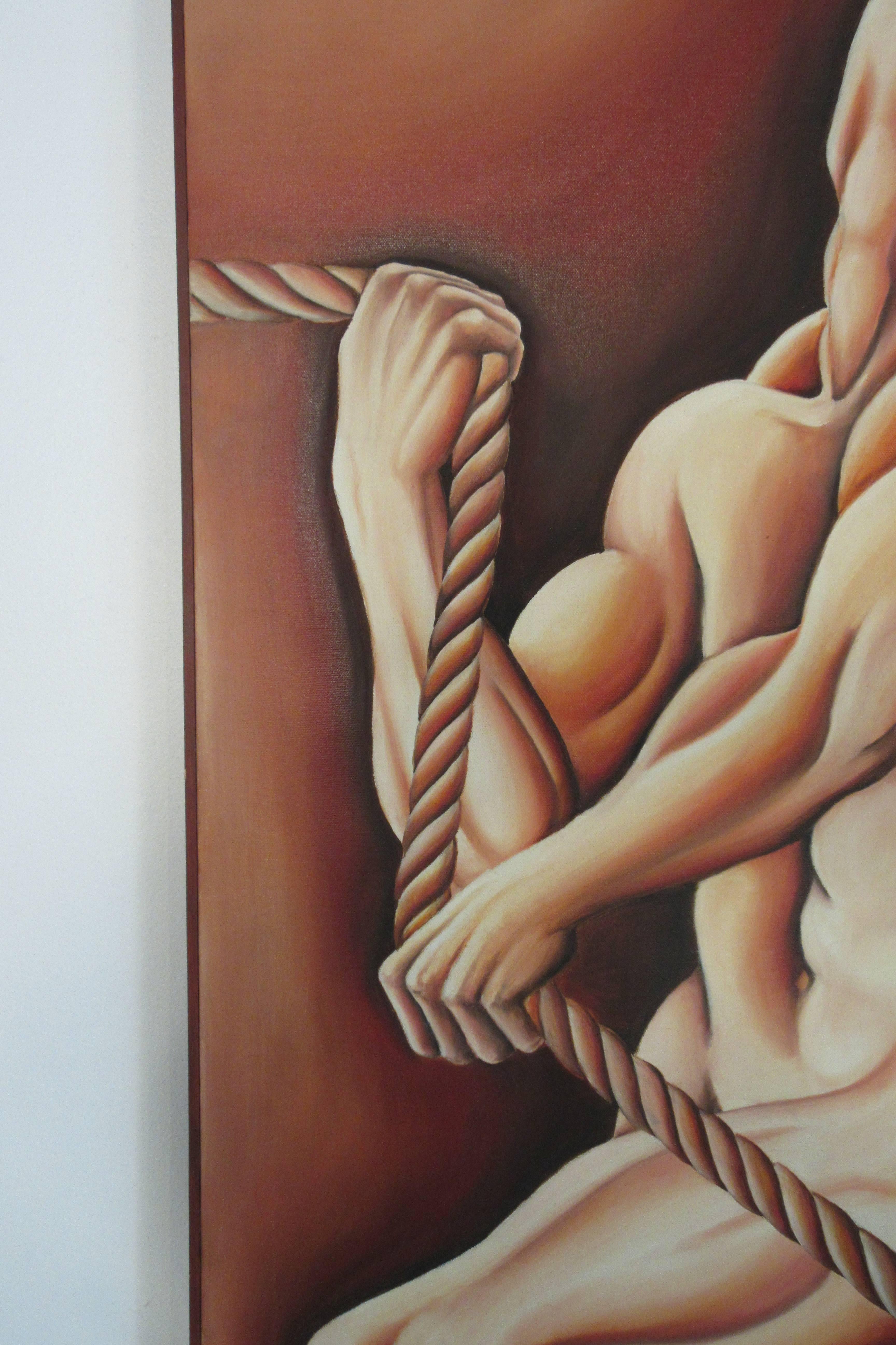 Late 20th Century 1970s Signed Oil on Canvas Man Pulling Rope For Sale