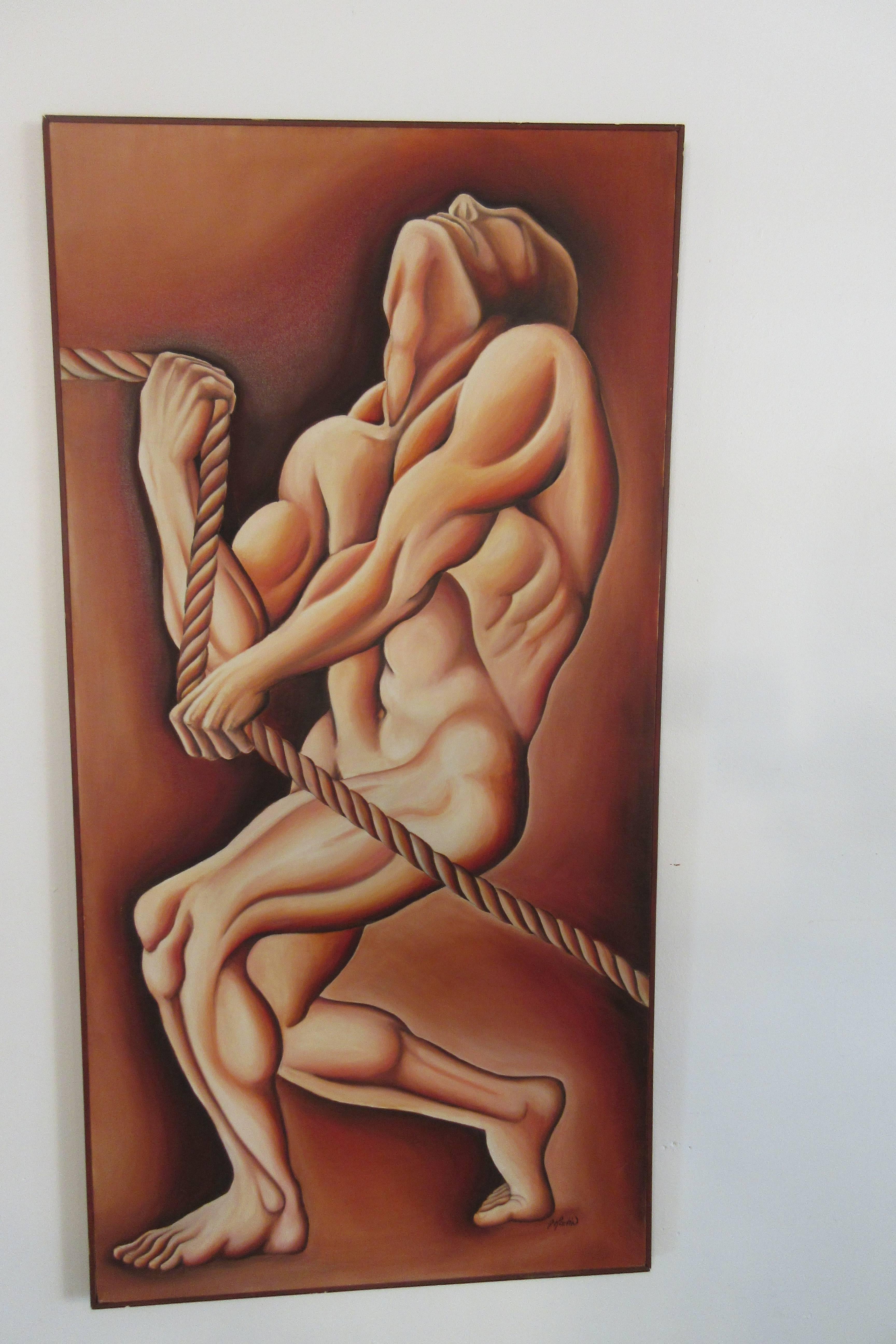 1970s Signed Oil on Canvas Man Pulling Rope For Sale 3