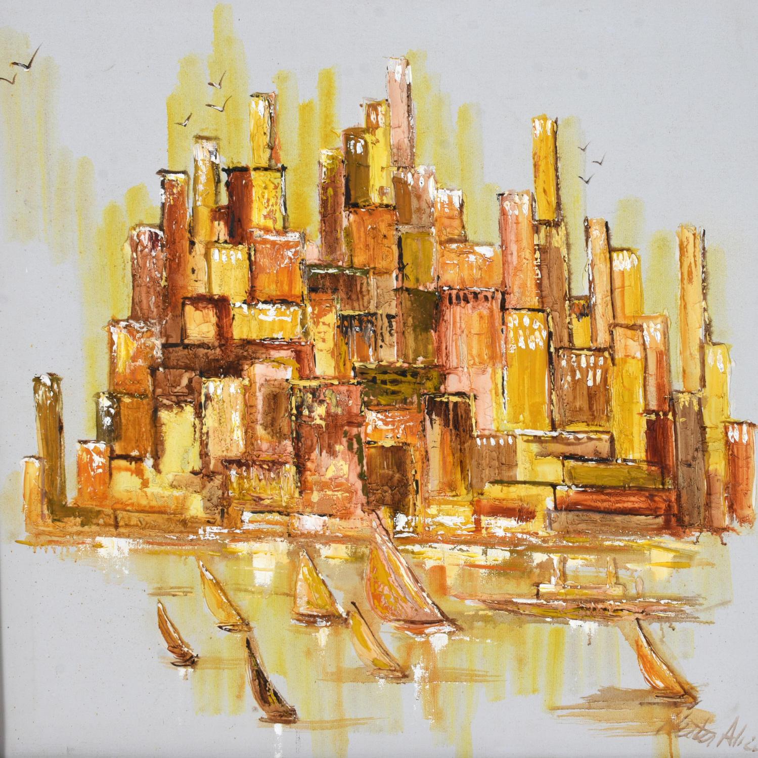 Mid-Century Modern Peinture signée des années 1970, orange et jaune, de style moderne du milieu du siècle, représentant un port et un paysage urbain en vente