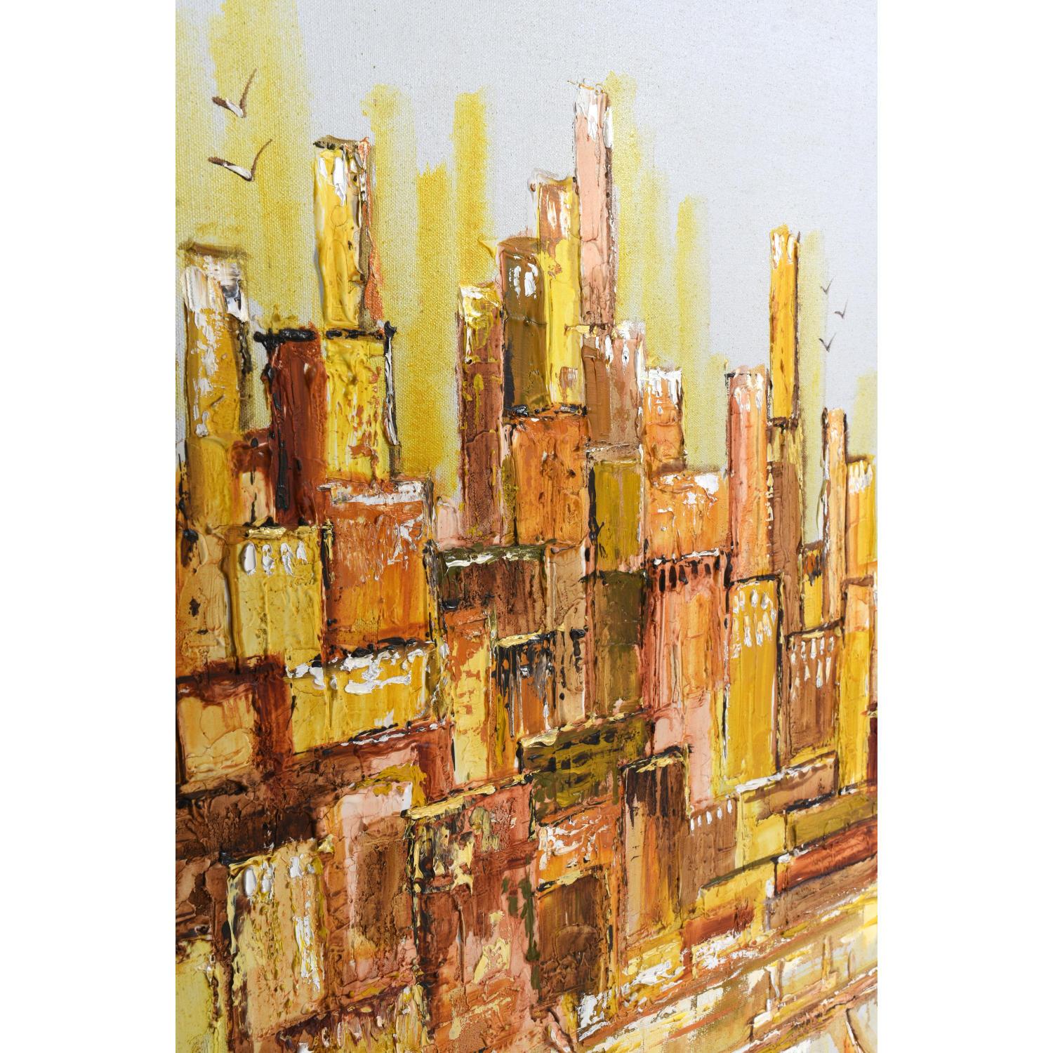 Américain Peinture signée des années 1970, orange et jaune, de style moderne du milieu du siècle, représentant un port et un paysage urbain en vente