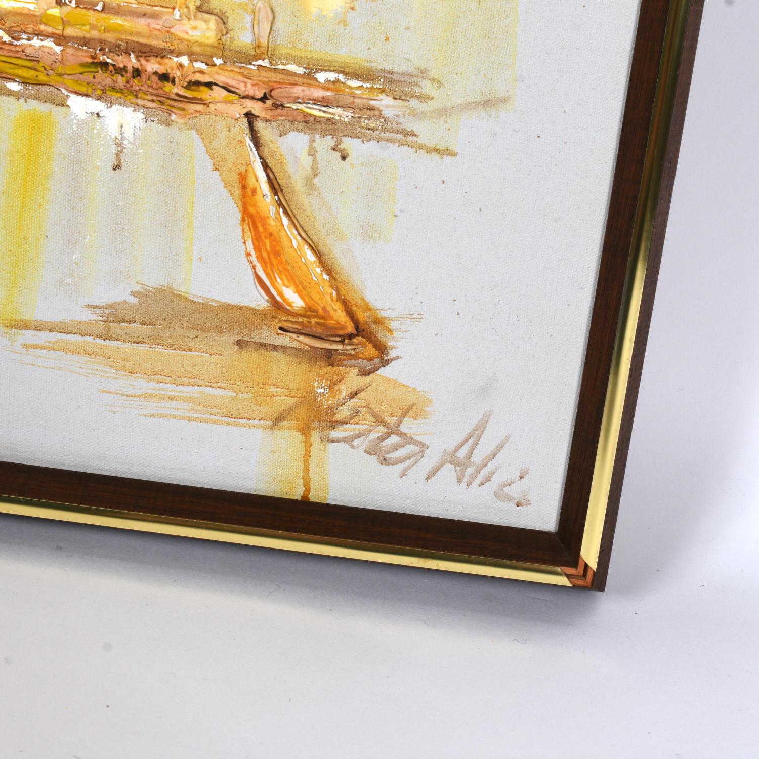 Peinture signée des années 1970, orange et jaune, de style moderne du milieu du siècle, représentant un port et un paysage urbain Bon état - En vente à Chattanooga, TN