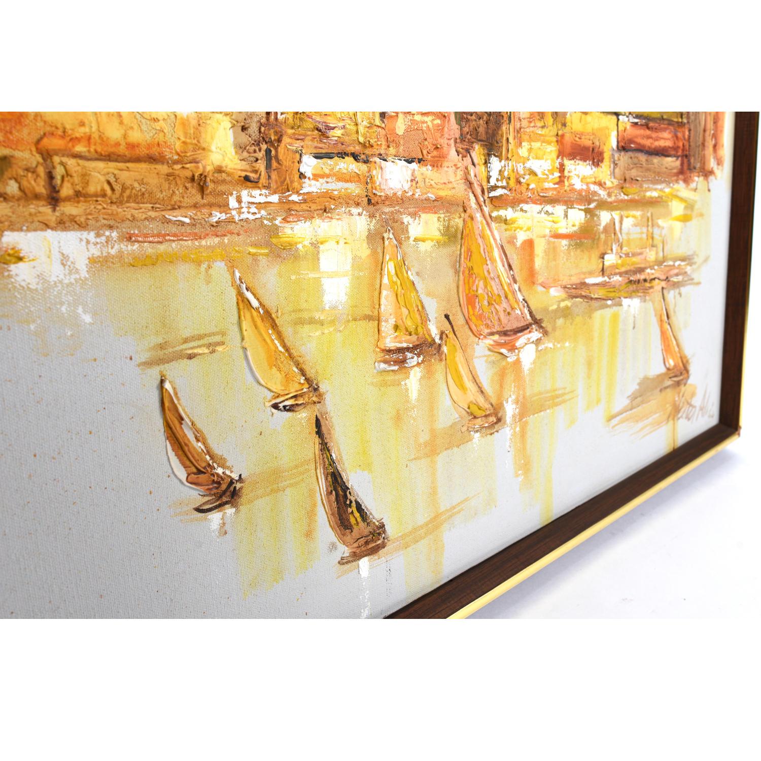 Fin du 20e siècle Peinture signée des années 1970, orange et jaune, de style moderne du milieu du siècle, représentant un port et un paysage urbain en vente