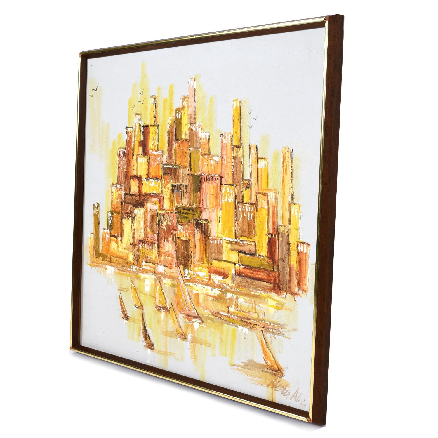 Peinture signée des années 1970, orange et jaune, de style moderne du milieu du siècle, représentant un port et un paysage urbain en vente 1