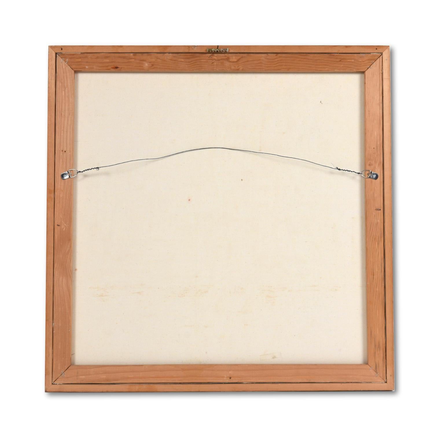 Peinture signée des années 1970, orange et jaune, de style moderne du milieu du siècle, représentant un port et un paysage urbain en vente 3