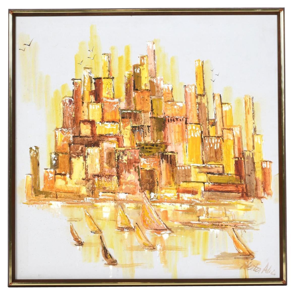 1970's Signed Orange and Yellow Mid-Century Modern Harbor and Cityscape Painting