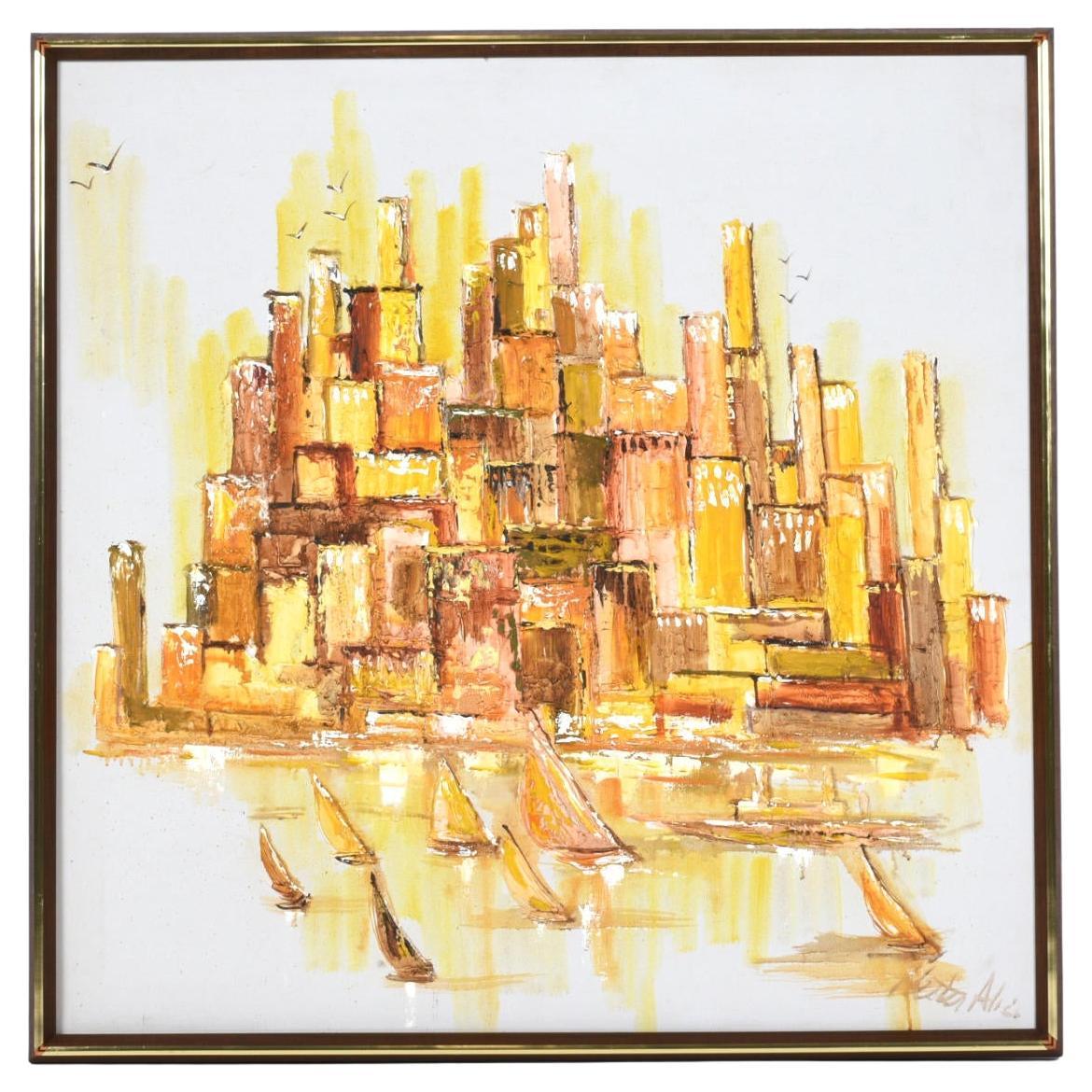 Peinture signée des années 1970, orange et jaune, de style moderne du milieu du siècle, représentant un port et un paysage urbain