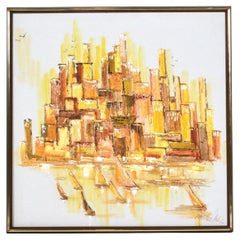 1970's Signed Orange and Yellow Mid-Century Modern Harbor and Cityscape Painting