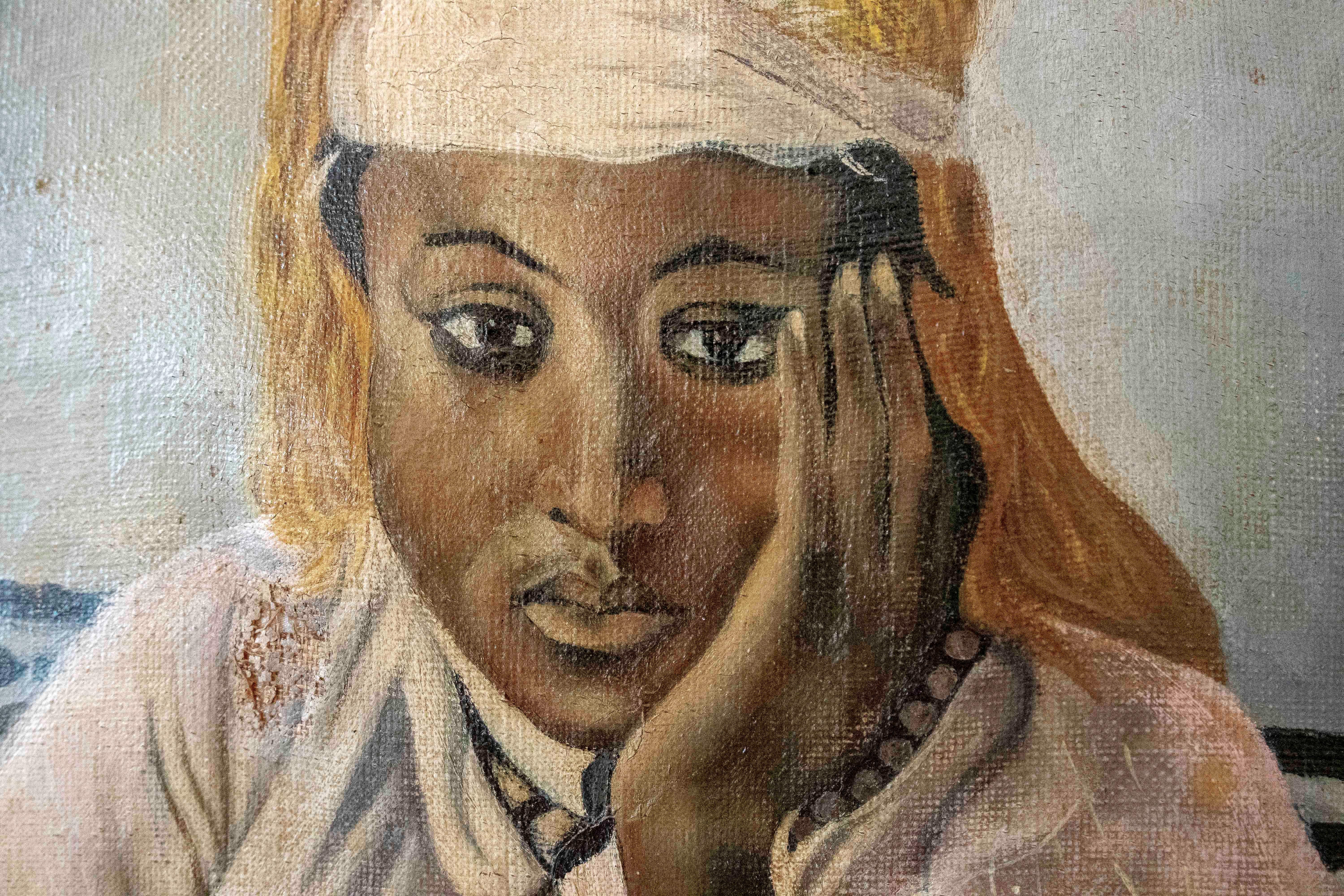 Pittura firmata degli anni '70 raffigurante un ritratto di una donna priva di sensi di colpa in vendita 4