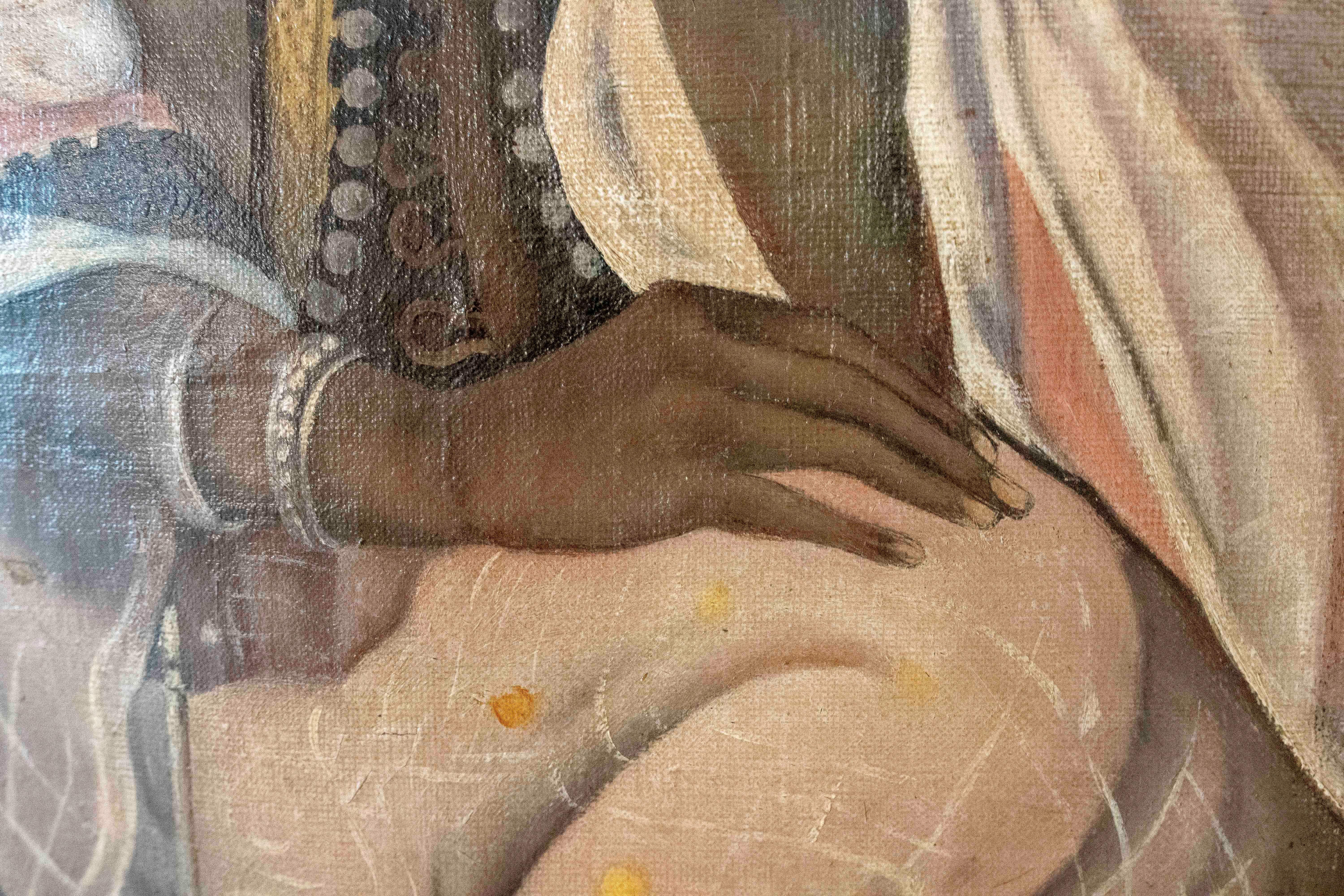 Pittura firmata degli anni '70 raffigurante un ritratto di una donna priva di sensi di colpa in vendita 5