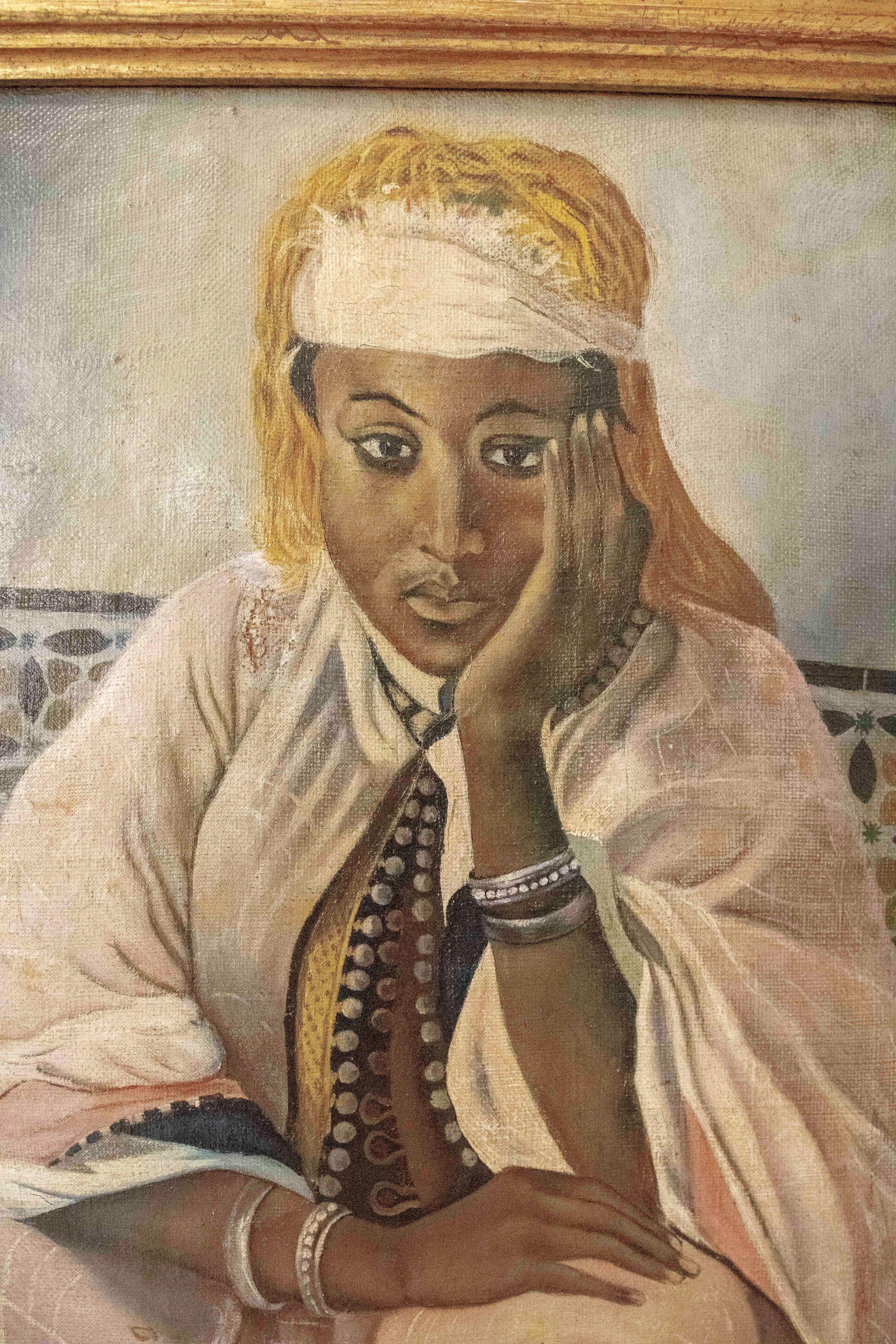 Marocchino Pittura firmata degli anni '70 raffigurante un ritratto di una donna priva di sensi di colpa in vendita