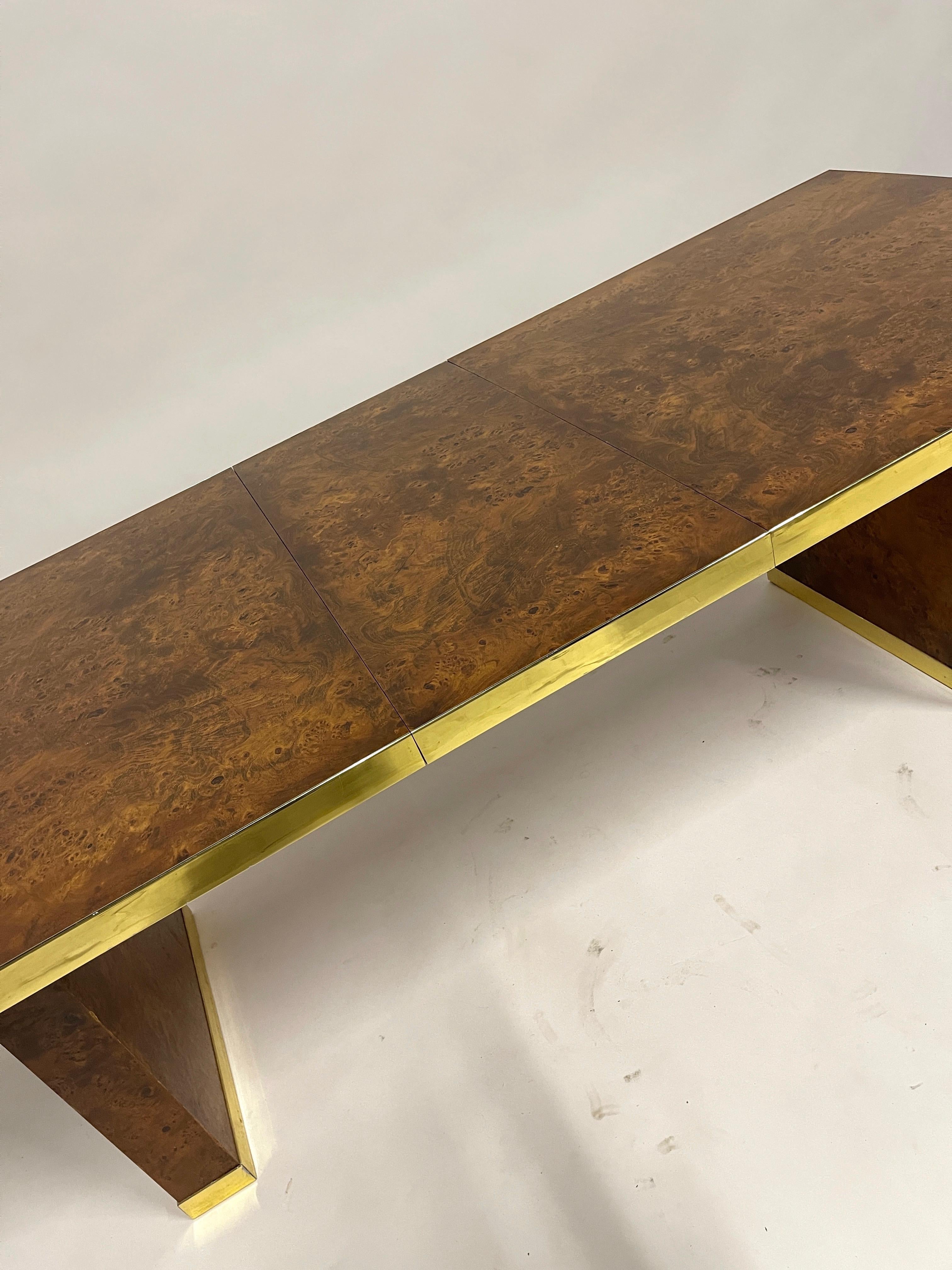 1970s Signed Pierre Cardin Olive Burl and Brass Extension Dining Table or Desk 4