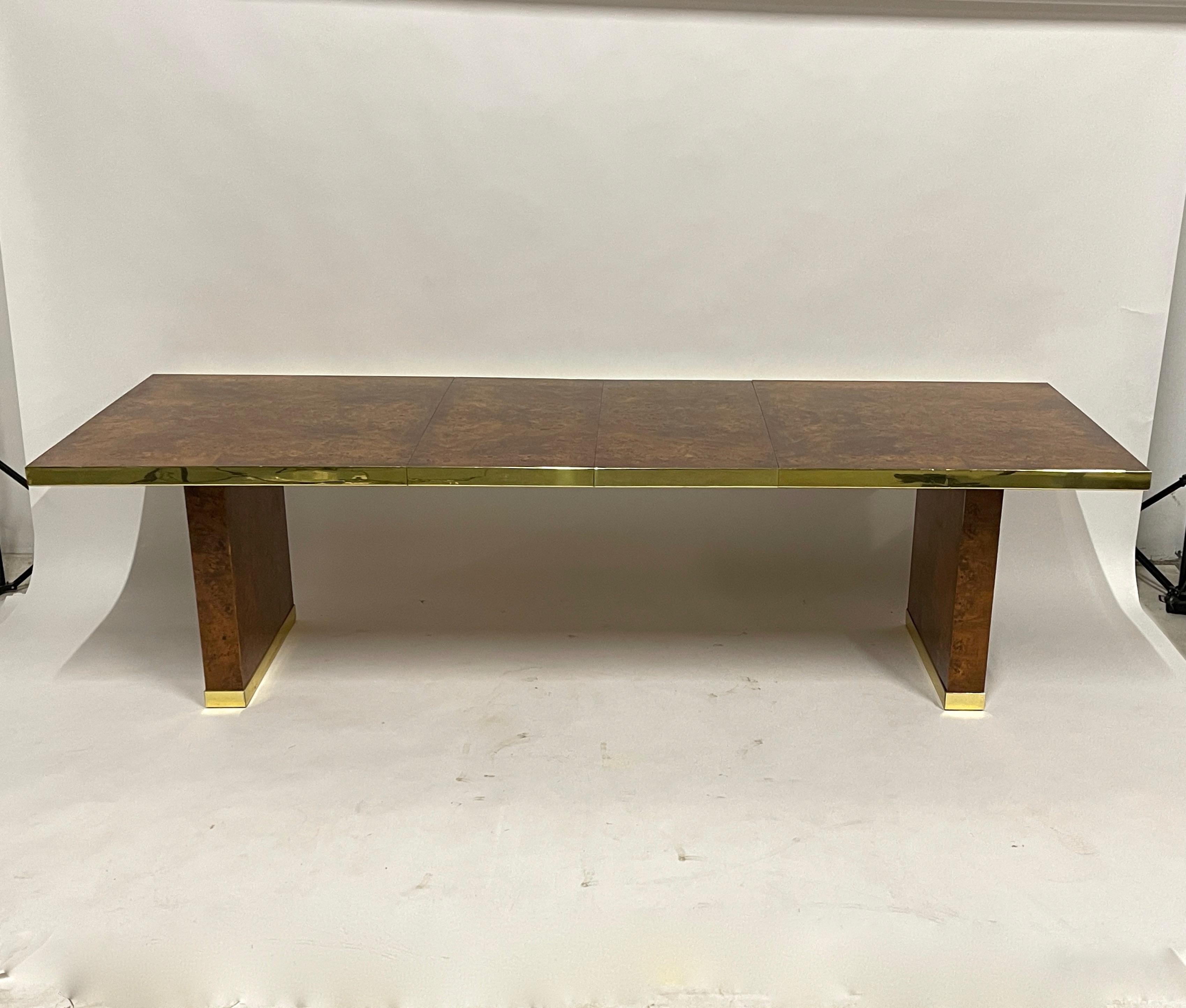 1970s Signed Pierre Cardin Olive Burl and Brass Extension Dining Table or Desk 5