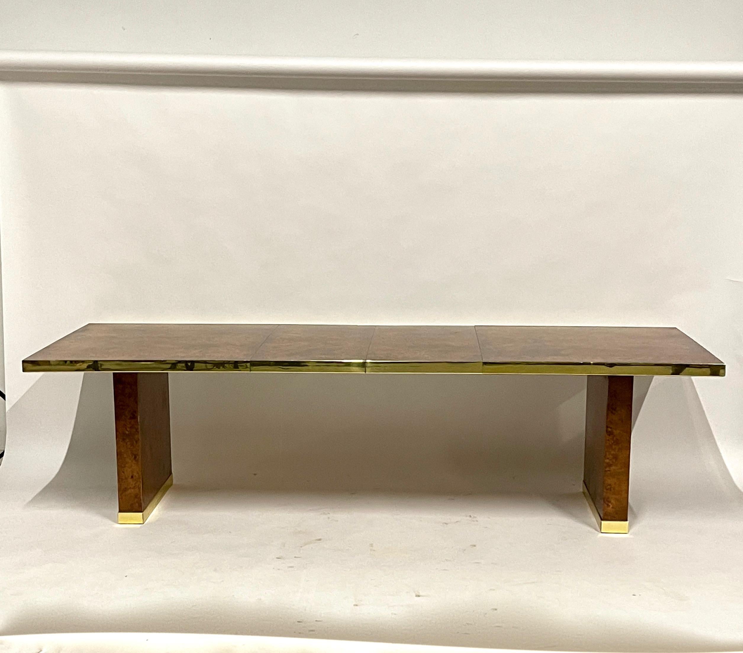 Mid-Century Modern 1970s Signed Pierre Cardin Olive Burl and Brass Extension Dining Table or Desk