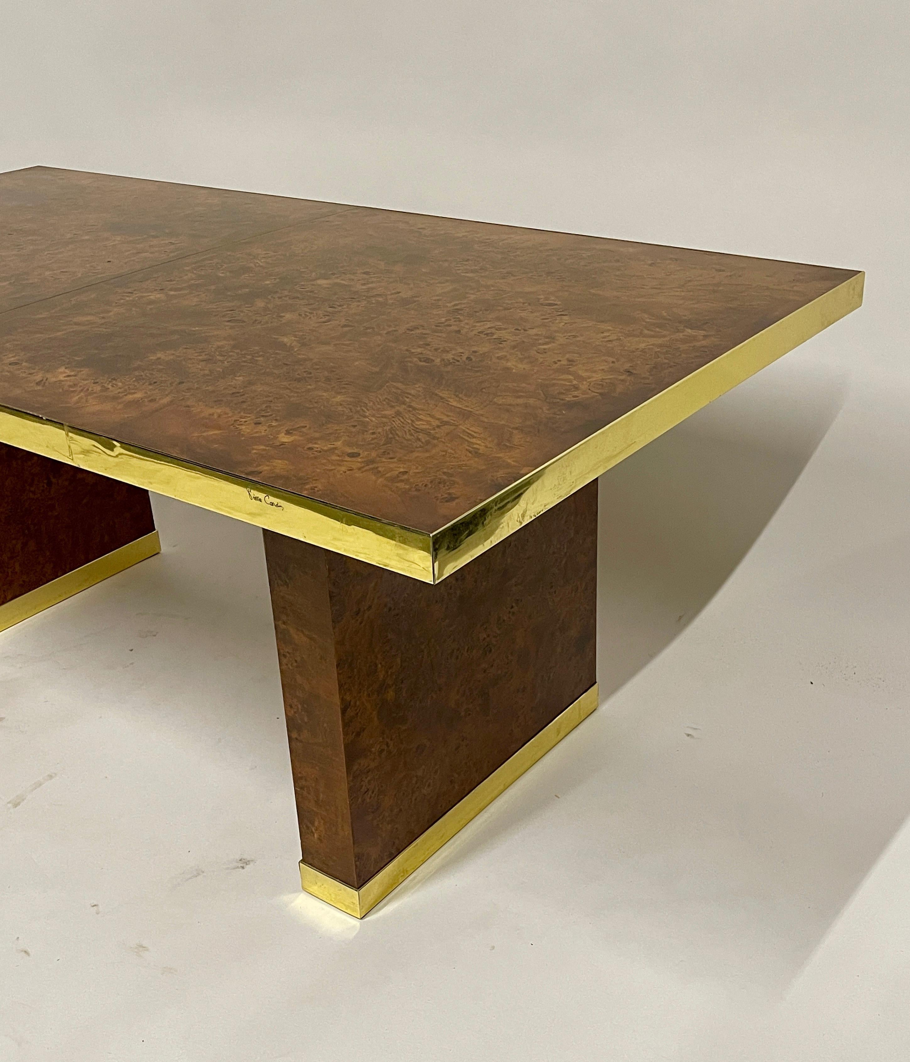 American 1970s Signed Pierre Cardin Olive Burl and Brass Extension Dining Table or Desk