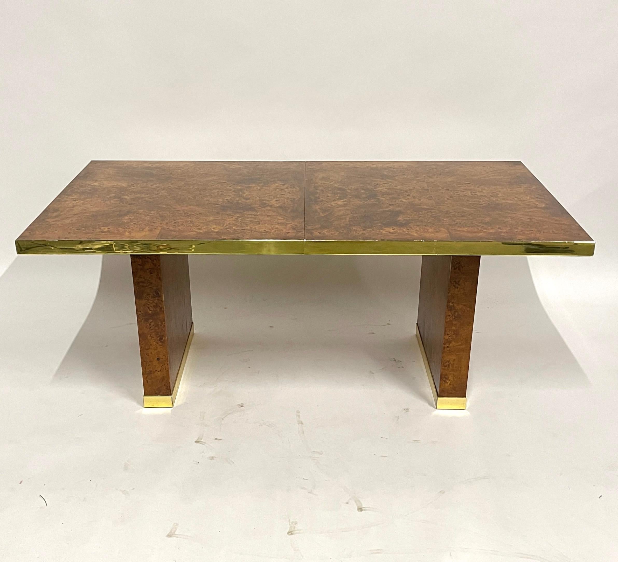 1970s Signed Pierre Cardin Olive Burl and Brass Extension Dining Table or Desk In Good Condition In Hudson, NY